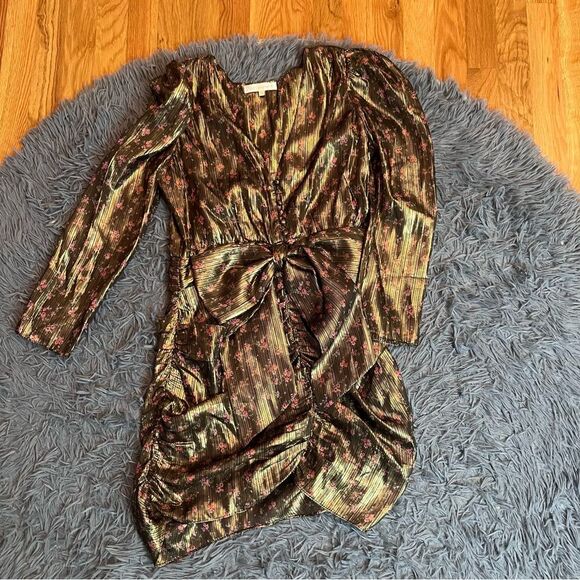 LoveShackFancy Ruthie Dress Gold Metallic Midnight Vine Floral Mini Size 6 - Picture 2 of 6